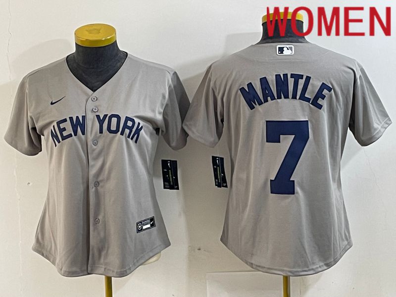 Women New York Yankees 7 Mantle Grey Nike Game 2024 MLB Jersey style 7